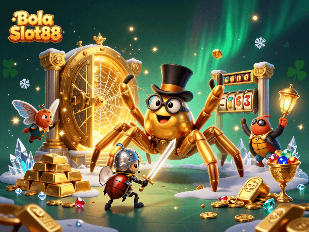 Bola Slot88 showcases an epic casino battle scene with a golden tarantula and beetle knight amid shining slot reels.