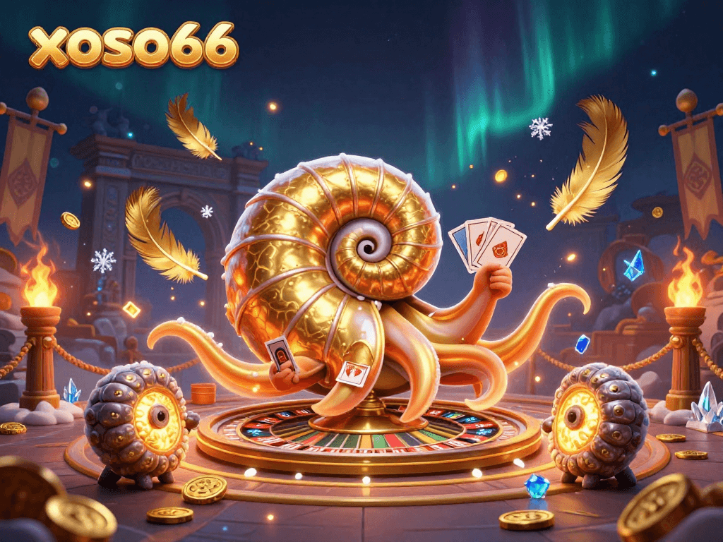 Experience thrilling bets with xoso66's ancient nautilus and glowing ammonites in a vibrant casino scene.