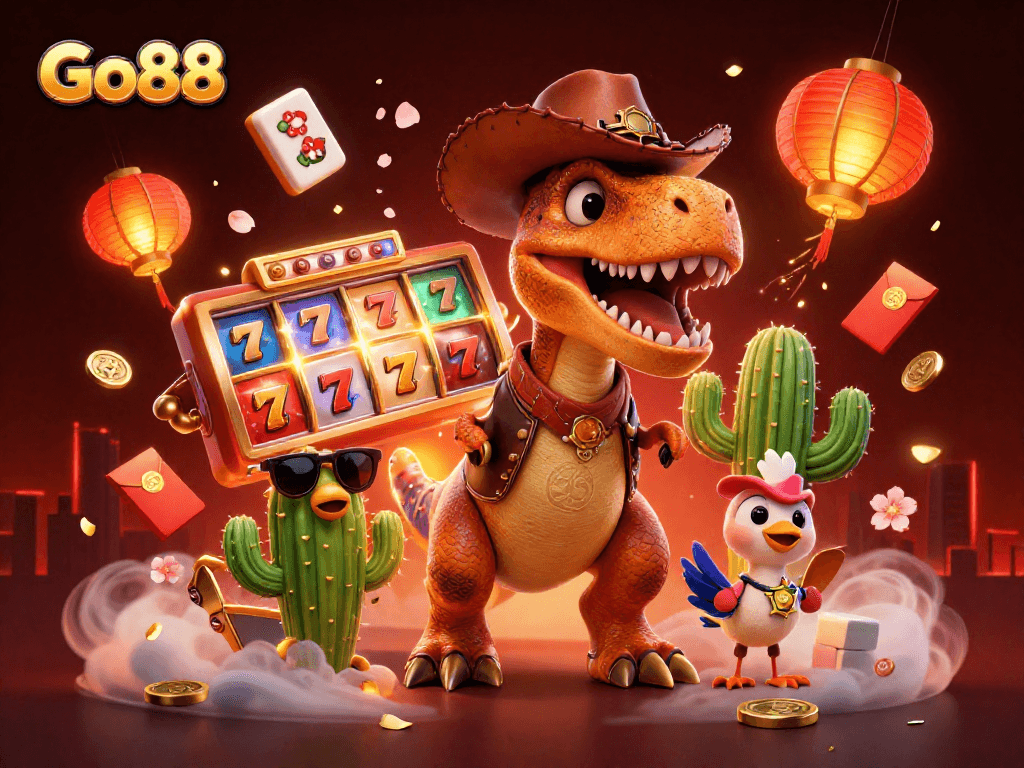 Experience Go88's thrilling casino action with cartoon dinosaur and vibrant game elements