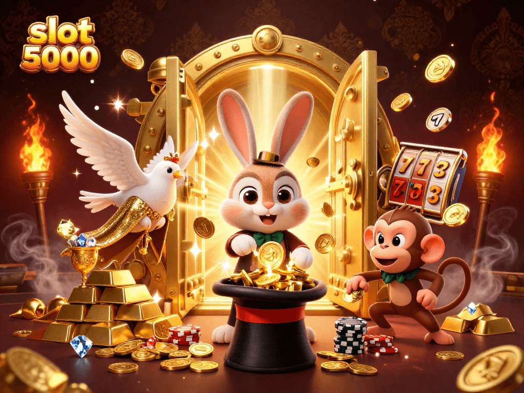 Experience the excitement of slot 5000 with a vibrant 3D casino scene featuring a magician, dove, and monkey.