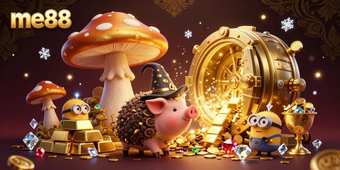 Win big at me88 with the golden mushroom wizard and treasure-filled casino scene.