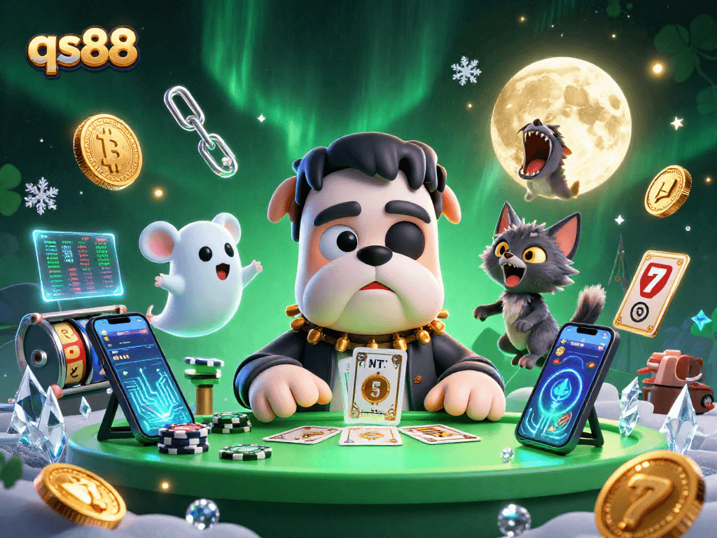 Spin the reels at qs88 with a lively scene of a bulldog dealer, ghost mouse, and a spirited kitten in a colorful casino setting.