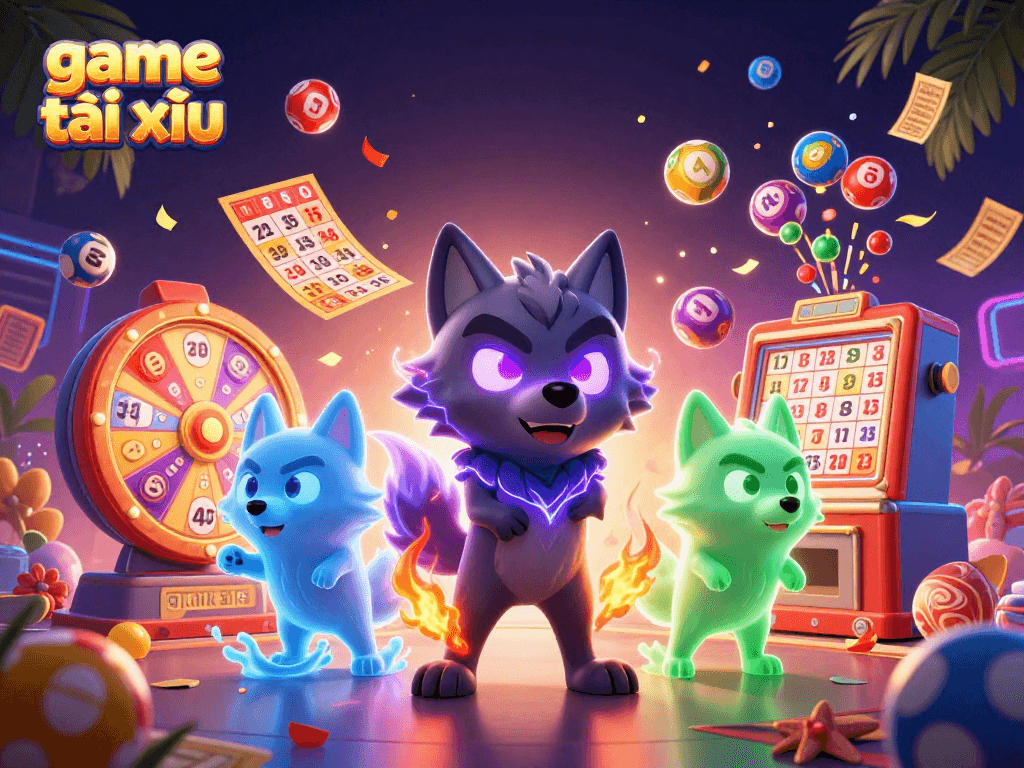 Engage in the thrilling game tài xỉu with vibrant energy and dynamic elements surrounding mystical wolves.