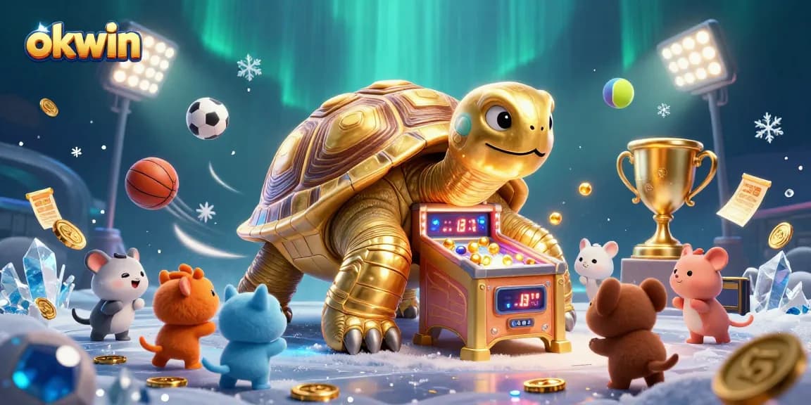 Experience vibrant energy at okwin with a playful golden tortoise and dynamic sports elements.