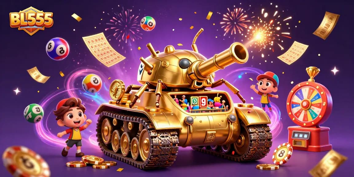 Experience excitement with BL555's vibrant casino scene featuring a golden beetle tank and lively game elements.