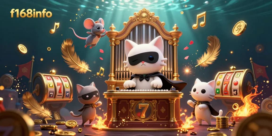 Experience gambling excitement with f168info as a cat pianist entertains in a vibrant casino scene.