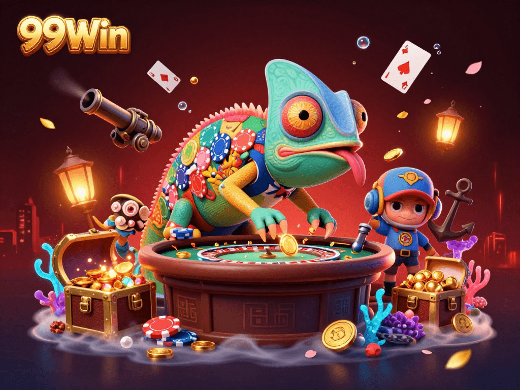 Experience the vibrant world of gambling with 99Win where a chameleon casino owner captures treasures.