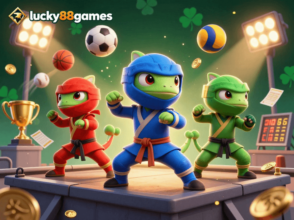 Join the fun at lucky88games with ninja chameleons battling in a dynamic casino sports scene.