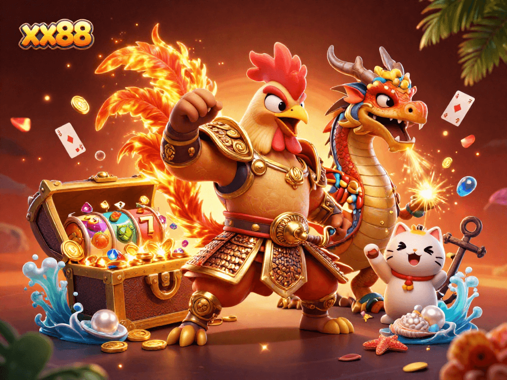 Join the excitement of xx88, featuring a fighting rooster and dragon among vibrant casino elements.