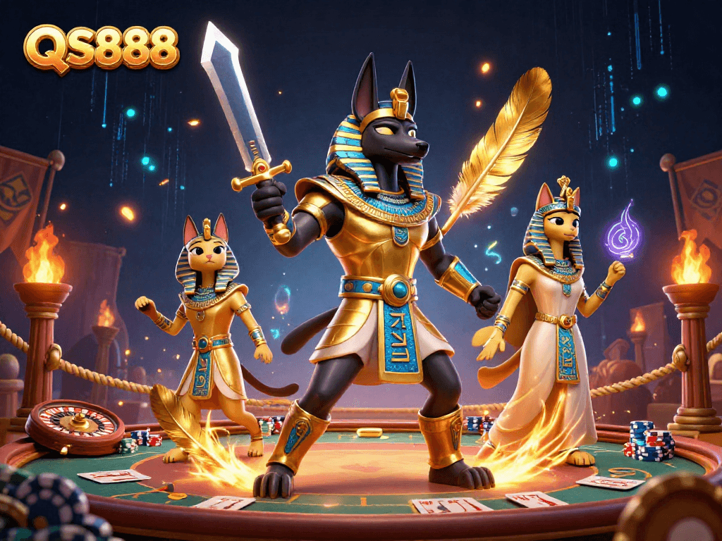 Experience the excitement of QS888 with Anubis and Bastet in a vibrant casino scene.