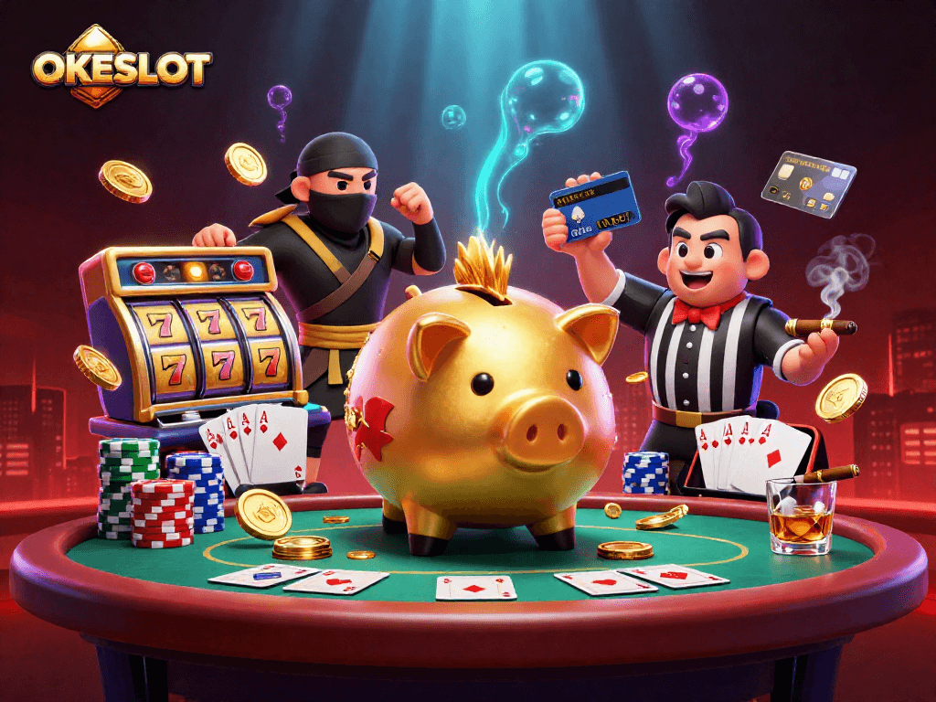 OKESLOT menampilkan ilustrasi 3D slot yang mendebarkan dengan karakter menarik dan elemen kasino.