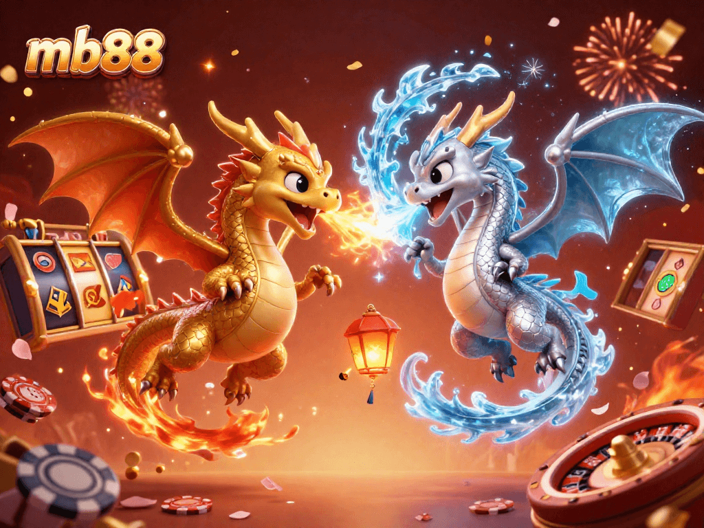 Experience thrilling gameplay at mb88 with a golden dragon and a silver dragon battling amid dynamic casino elements and festive fireworks.
