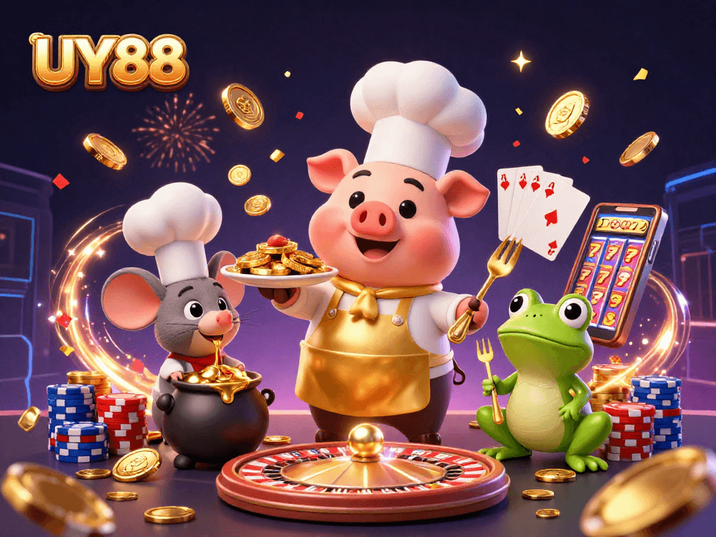 Experience excitement at UY88 with vibrant casino scenes featuring gold coins and dynamic characters.