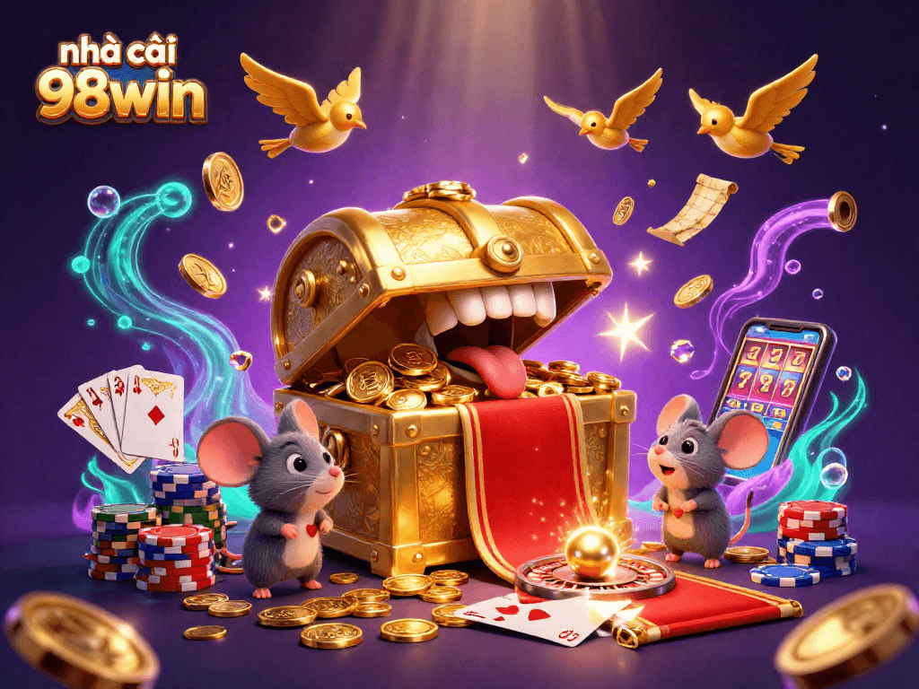 Enhance your gameplay with nhà cái 98win's vibrant casino scene featuring a treasure chest, coins, and cards.