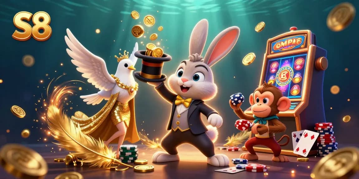 S8 showcases a magical scene with a rabbit, dove, and monkey, immersing players in a vibrant casino atmosphere.