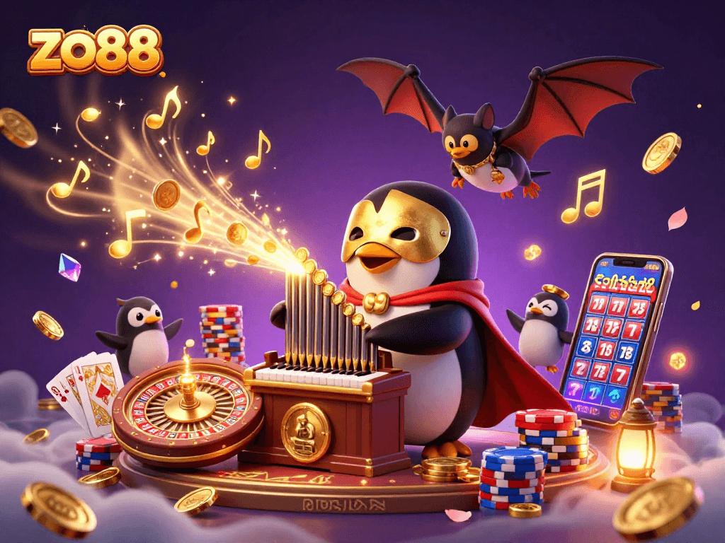 Experience excitement at zo88 with golden coins cascading from a whimsical organ in a vibrant casino scene.