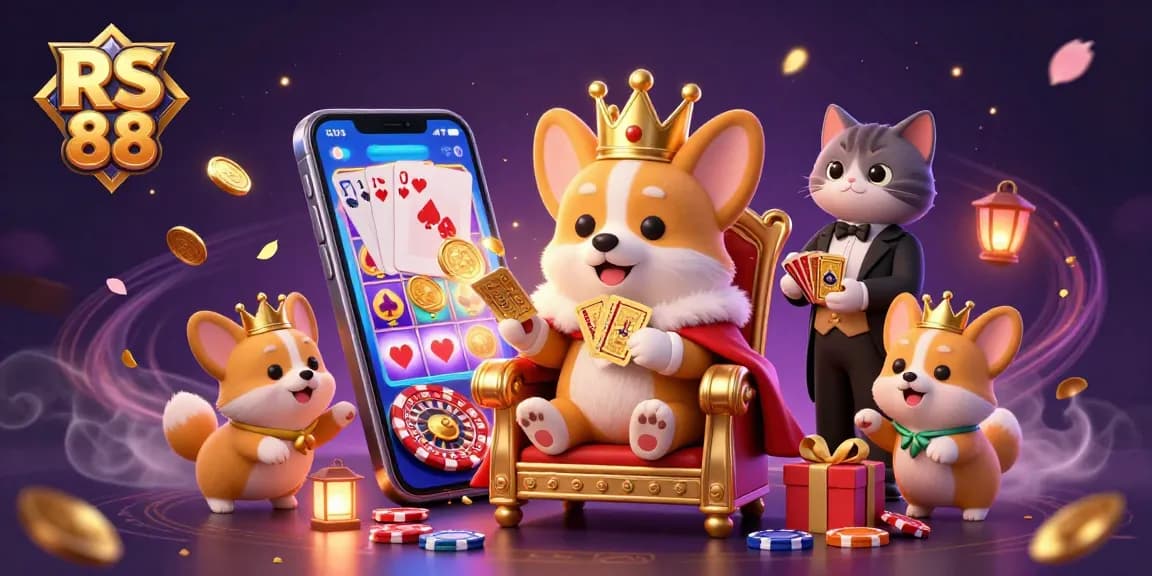 Experience excitement at RS 88 with a 3D royal corgi and golden card deck in a vibrant casino scene.