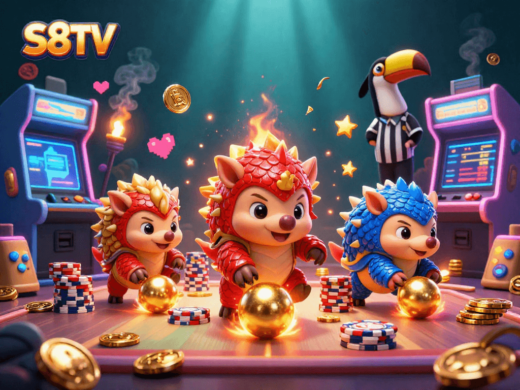 S8TV pangolins roll through poker chips in a vibrant casino scene filled with arcade machines.