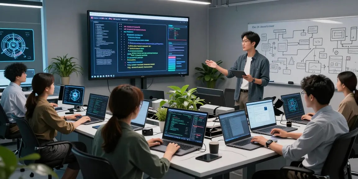 Diverse engineers collaborating on innovative crush ai technology in a modern lab.