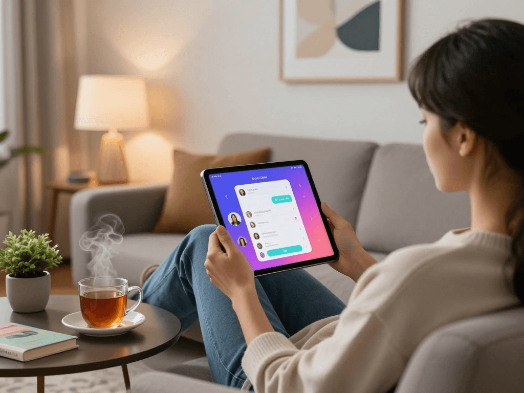 Engaging in a relaxing sex chat ai conversation on a tablet in a modern living room.
