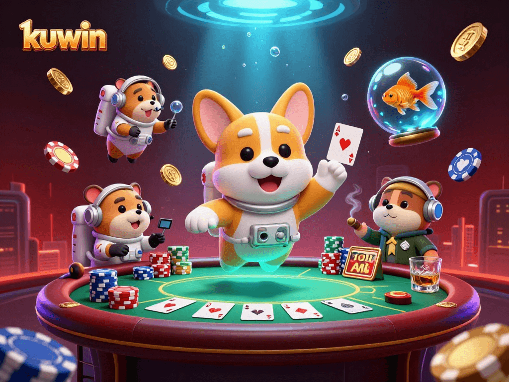 kuwin elevates gaming with vibrant 3D casino scene featuring poker chips, characters, and casino ambiance.
