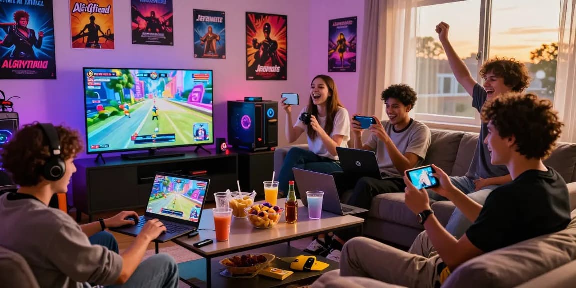 Friends enjoying xxx games together on various devices in a cozy living room.