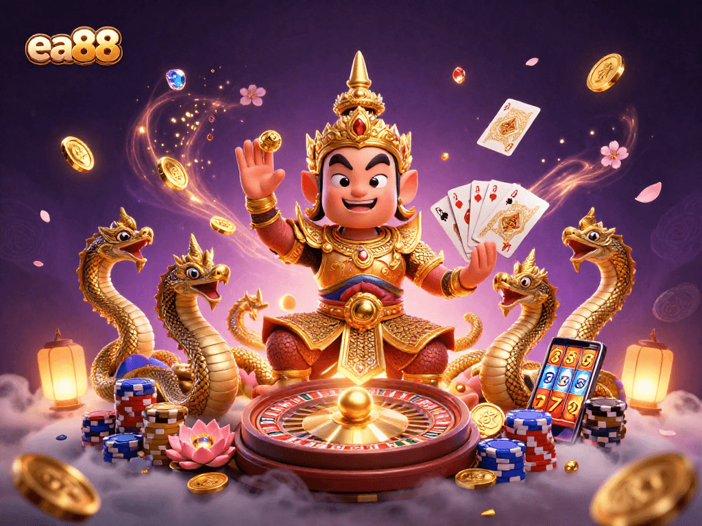 ea88 provides exciting gameplay with a guardian and Naga amidst coins and casino elements.