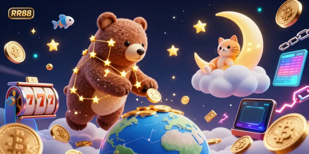 Win big with RR88 as a celestial bear scoops coins in a vibrant casino-themed illustration.