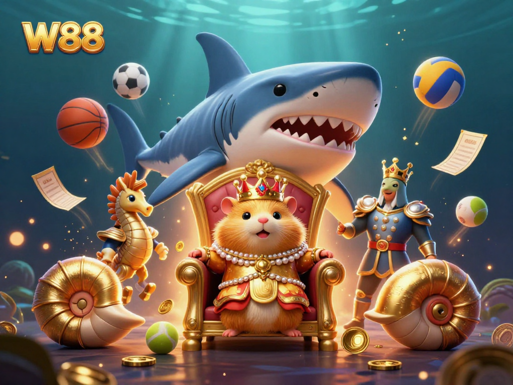 W88 offers thrilling online gambling experiences with dynamic sports-themed elements and a vibrant underwater scene.