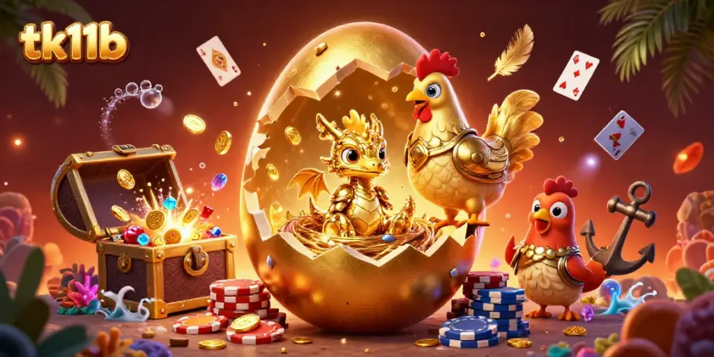 Experience thrilling gaming at tk11b with a golden dragon on poker chips in a dynamic casino illustration.