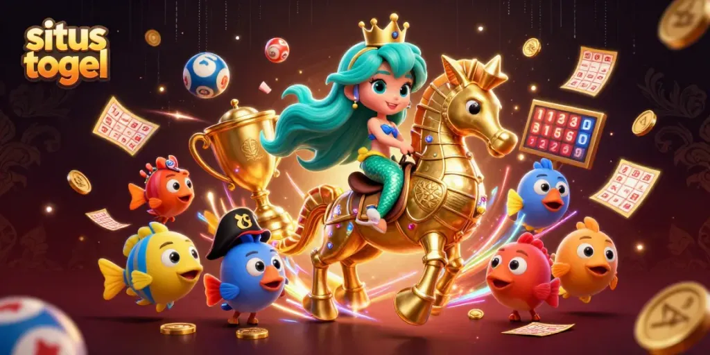 Experience the thrill of situs togel with vibrant 3D characters and lottery elements in an exciting promotional scene.