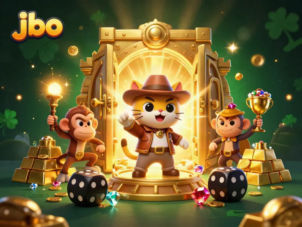 Immerse in the thrilling jbo adventure of a cat explorer discovering gem-filled treasures in a vibrant casino temple.
