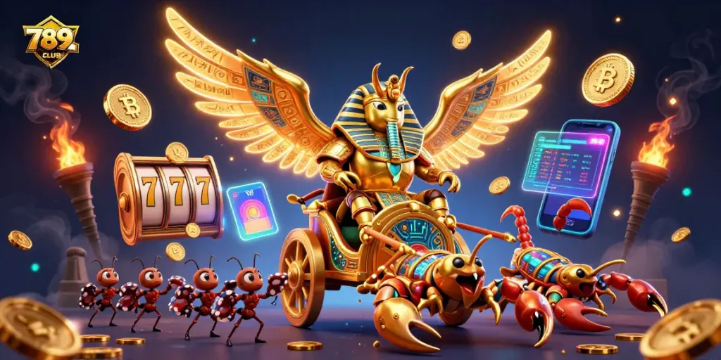 Experience thrilling gaming at 789CLUB with rich visuals of a golden beetle and poker action.