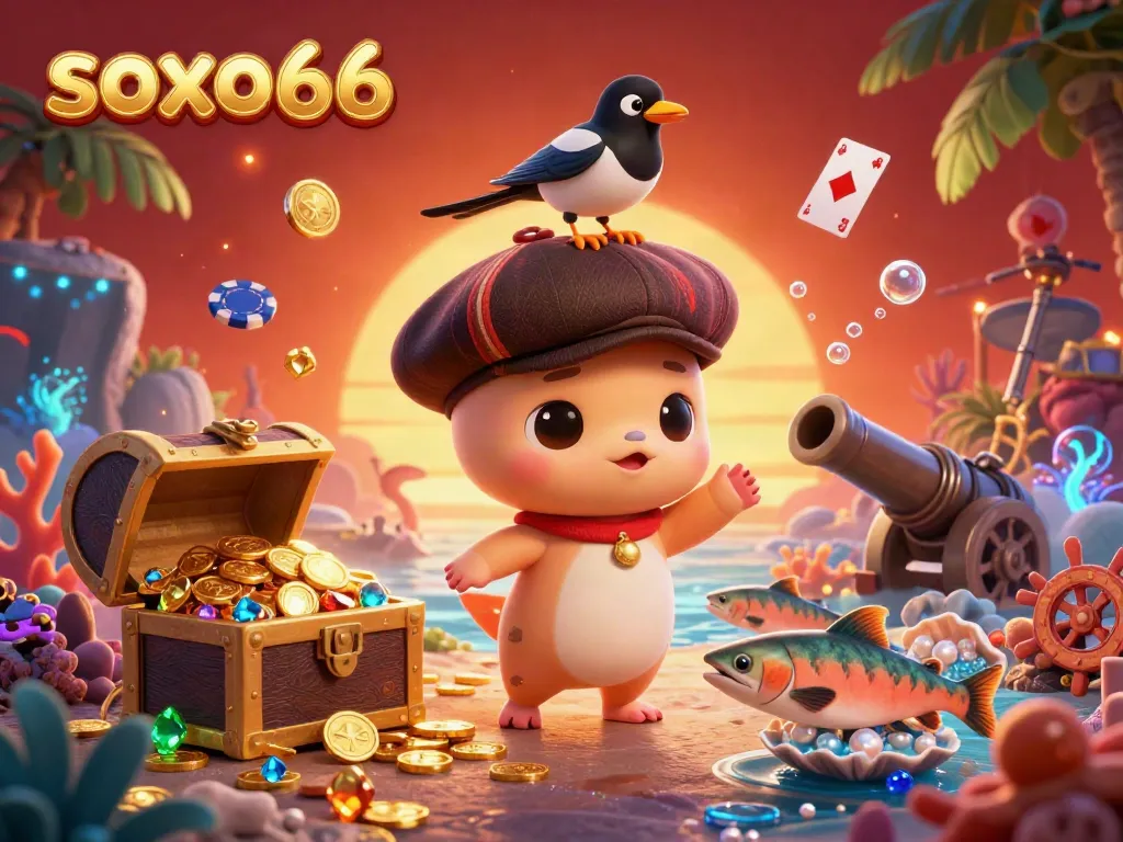Experience the thrill of soxo66 with a vibrant 3D scene featuring baby Nessie and casino game elements.