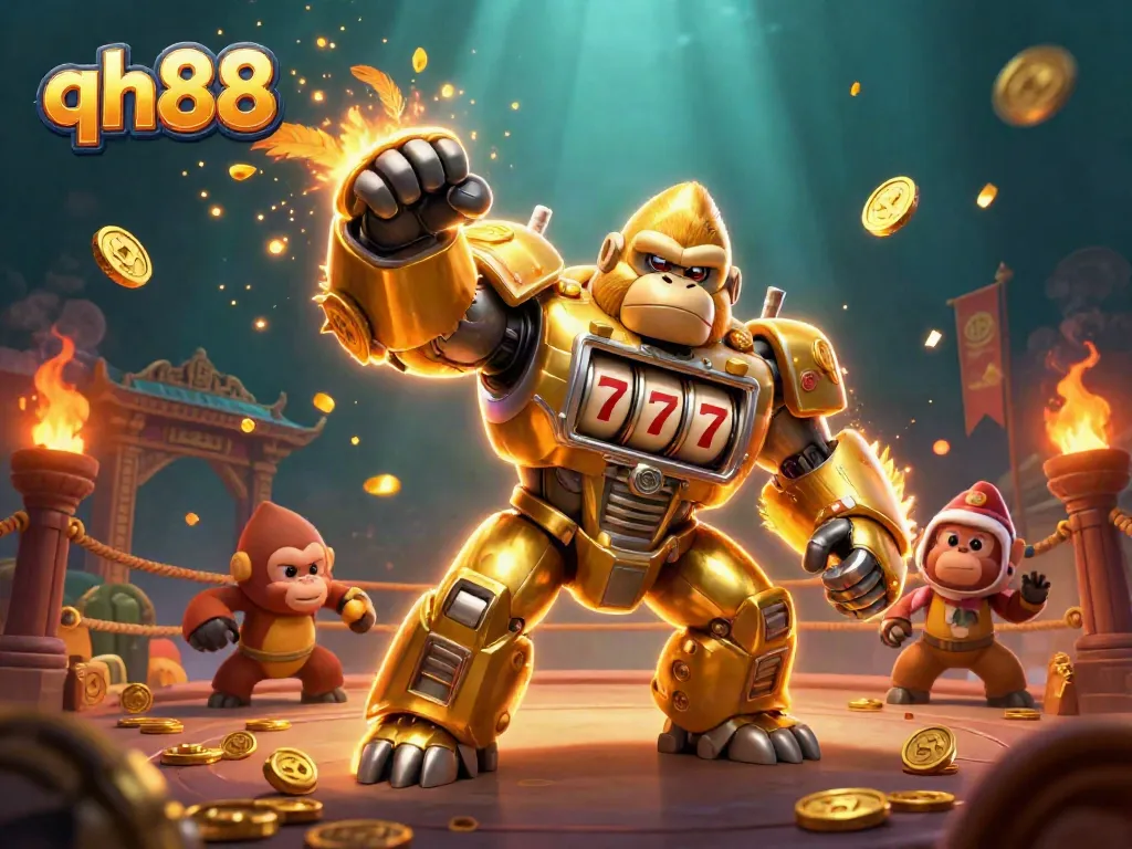 Experience thrilling action with qh88's unique golden gorilla mech in a dynamic casino setting.