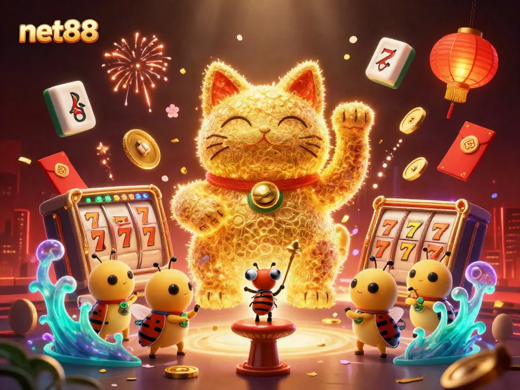 Experience thrilling wins with net88's vibrant casino world featuring a lucky cat and dynamic symbols.