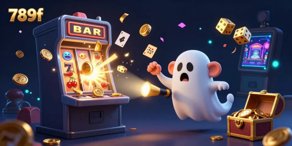 Experience the excitement at 789f with a dynamic haunted casino scene featuring juggling fortunes and gaming treasures.