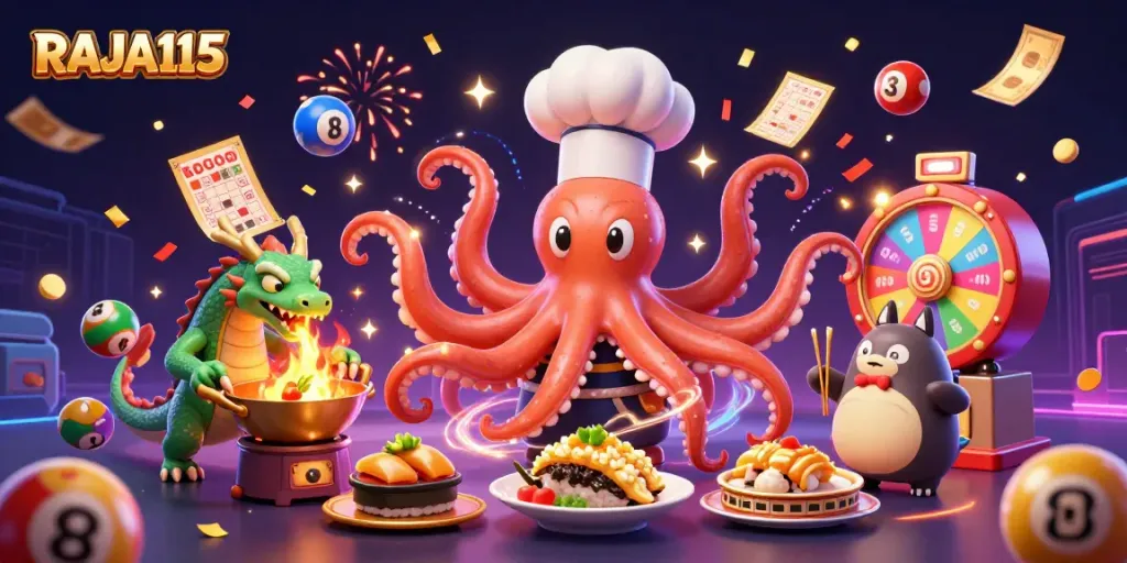 Engage with RAJA115 as a sushi chef octopus and friends celebrate gambling wins in this vibrant illustration.