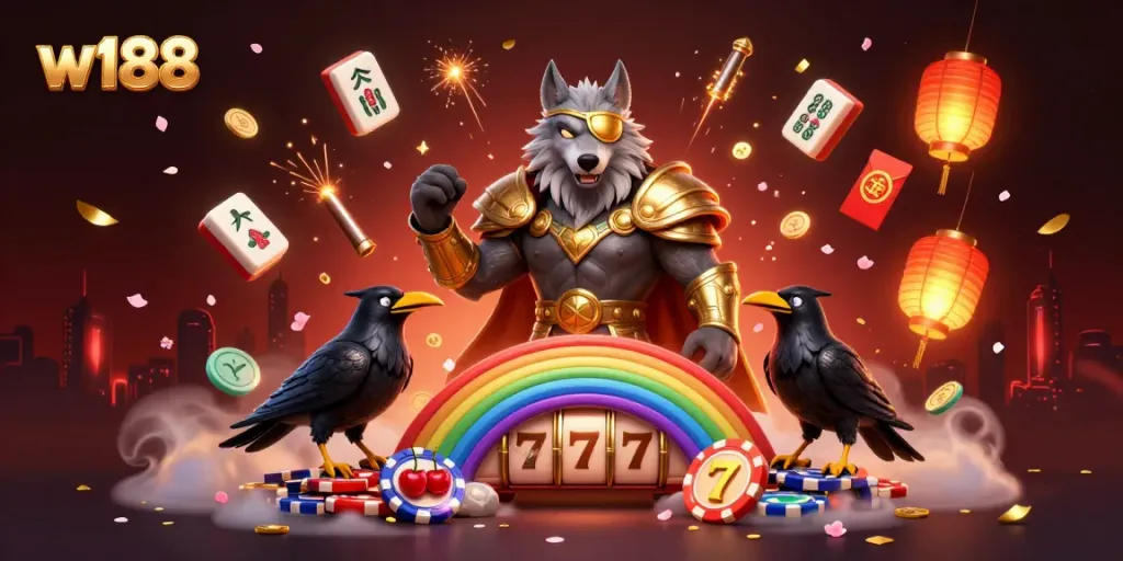 Witness the dynamic scene of w188 with Odin and his ravens on a casino chip bridge.