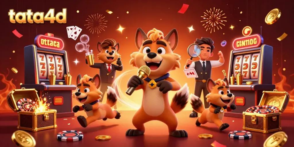 Engage with tata4d's lively casino scene featuring cartoon hyenas, humor, and slot elements for an entertaining experience.