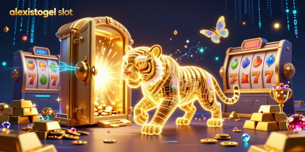 Slot permainan alexistogel slot menampilkan harimau neon berkilau dan harta karun menarik.