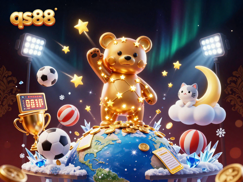 qs88 showcases a vibrant 3D casino illustration with a constellation bear collecting coins amid dynamic sports elements.