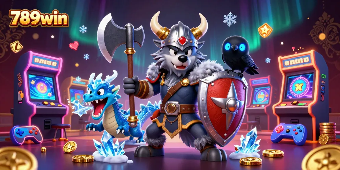 Engage in thrilling gameplay at 789win with our epic Viking warrior, dragon, and raven illustration.