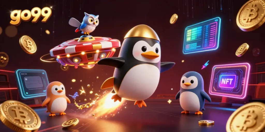 Engage with go99's vibrant casino universe featuring a golden penguin and a poker chip station.