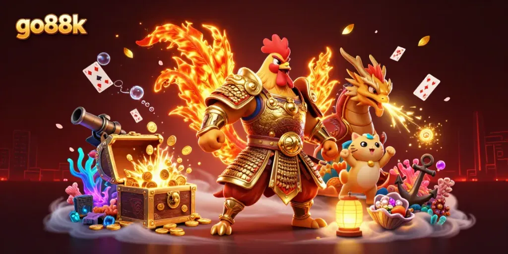 Engage with go88k's thrilling 3D casino battle scene featuring iconic characters and dynamic gaming elements.
