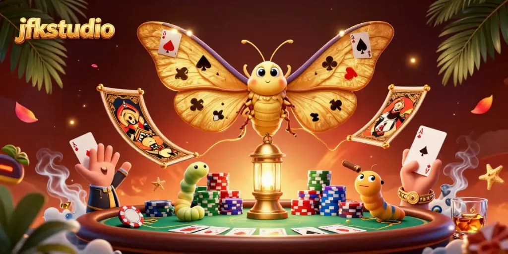 Join the excitement at jfkstudio with a vibrant casino scene featuring poker chips and golden moths.