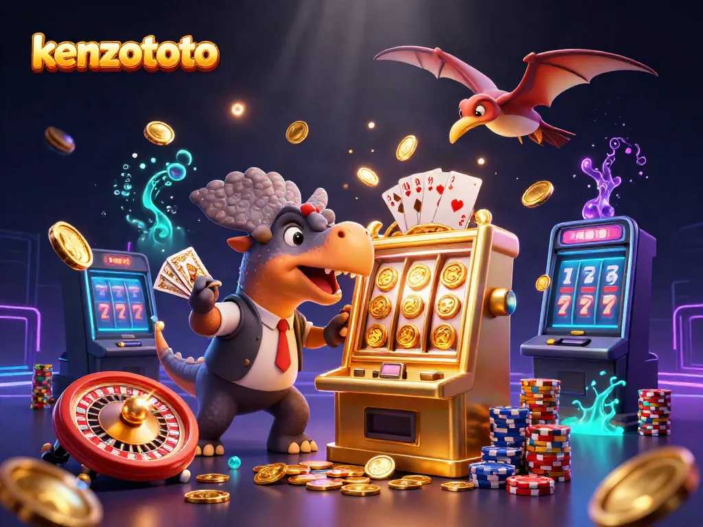 Experience the excitement of kenzototo with a cartoon dinosaur hitting a jackpot and coins flying everywhere.