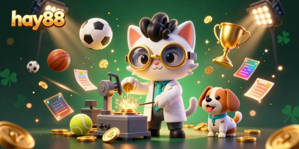 Watch the mad scientist cat and dog create gold coins in this vibrant hay88 casino scene filled with sports elements.