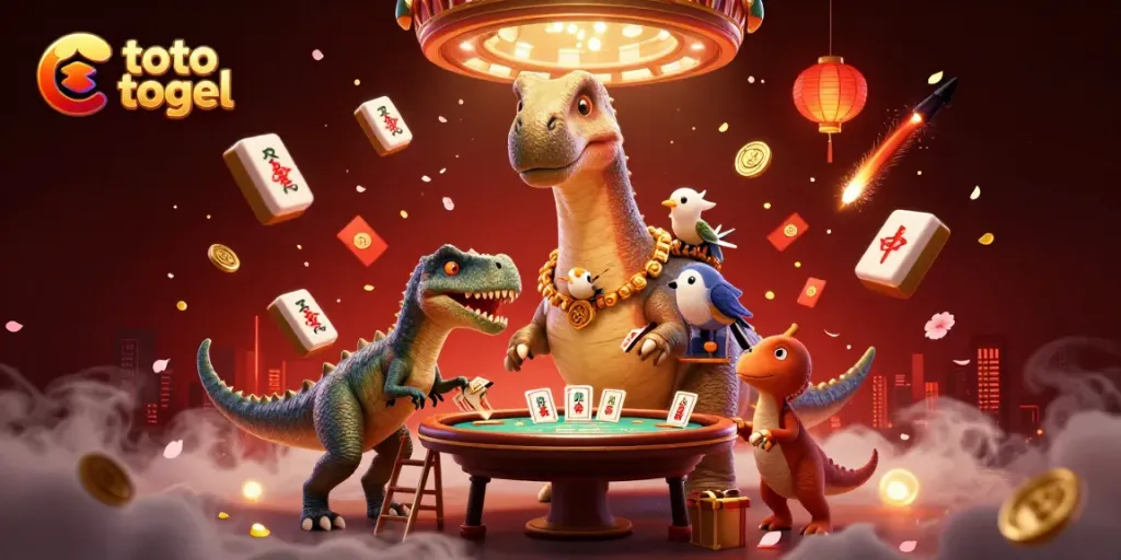Gambarlah toto togel dengan dinosaurus yang tinggi di kasino dan raptor yang membagikan kartu.