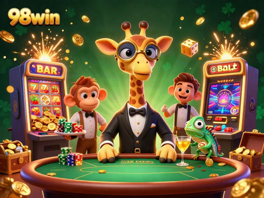 Join the excitement of 98win with vibrant characters and a sparkling casino scene.